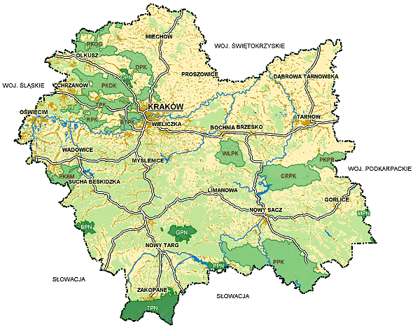 Obszar działania Małopolskiego Koła T.P. "Bocian"