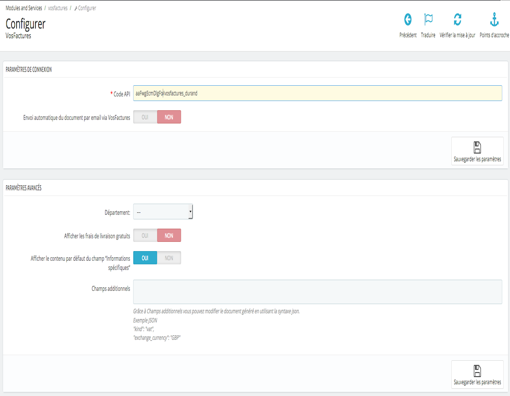 configurer le module VosFactures