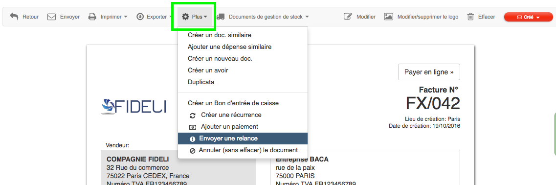 envoyer une relance depuis une facture